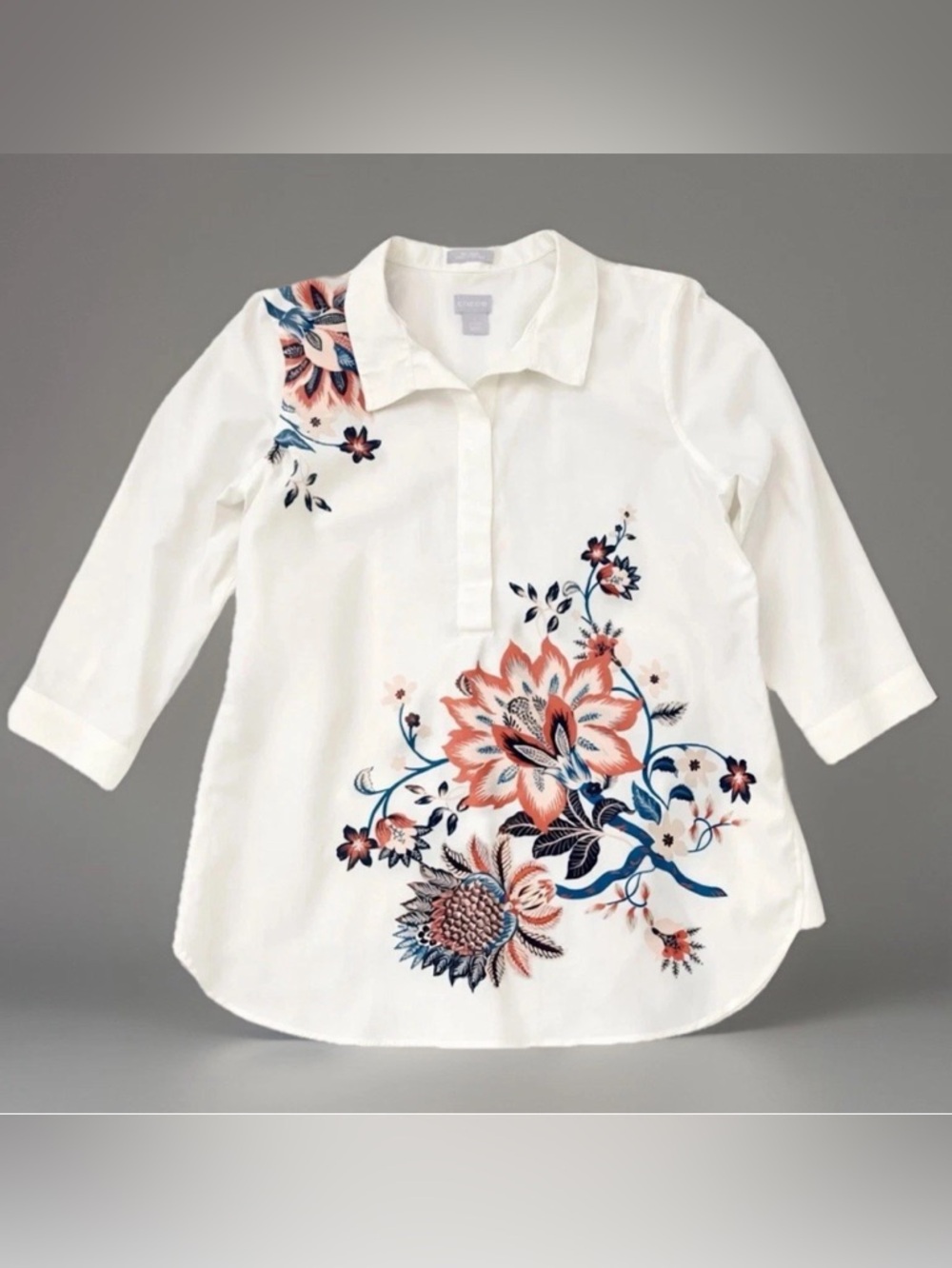Chico's White Floral Embroidered Popover Tunic with Coral & Navy Accents